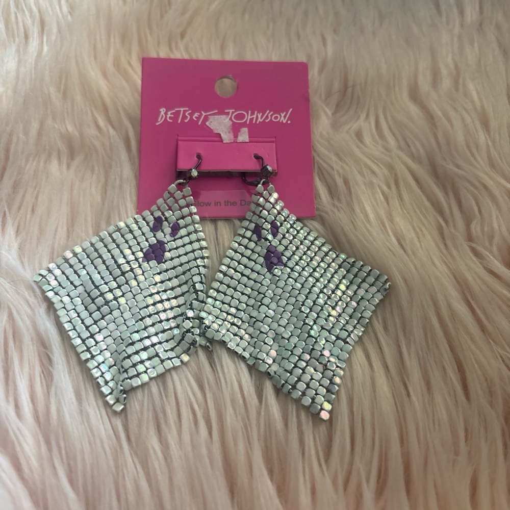 Betsey Johnson Iridescent Silver Mesh Statement Earrings with Purple Accent